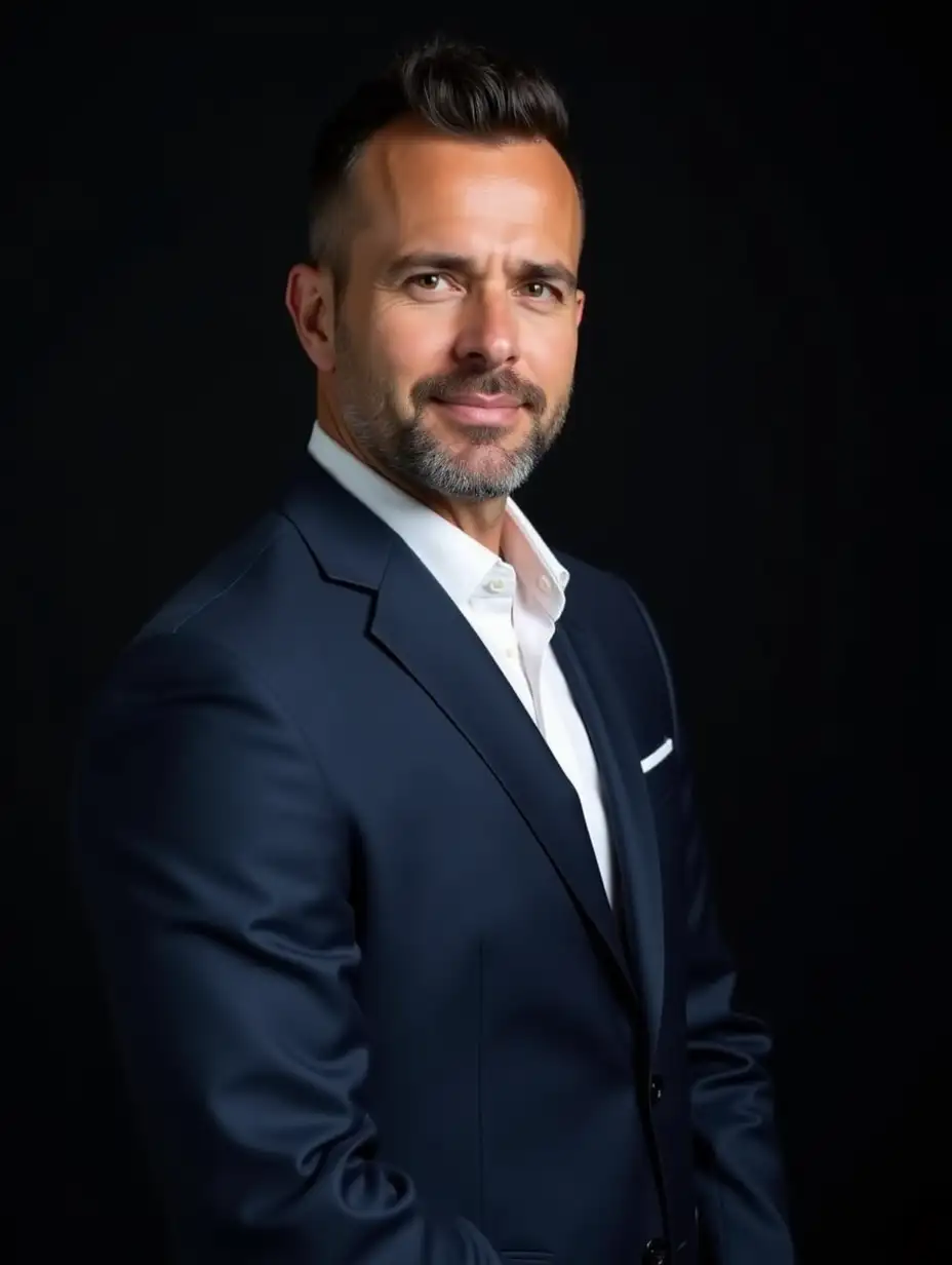 Capture a portrait of a confident businessman in a navy blue suit and white shirt, looking directly at the camera with a serious expression. Use a dark, unobtrusive background and soft, directional lighting to highlight his facial features and suit, ensuring the focus is sharp on his face.