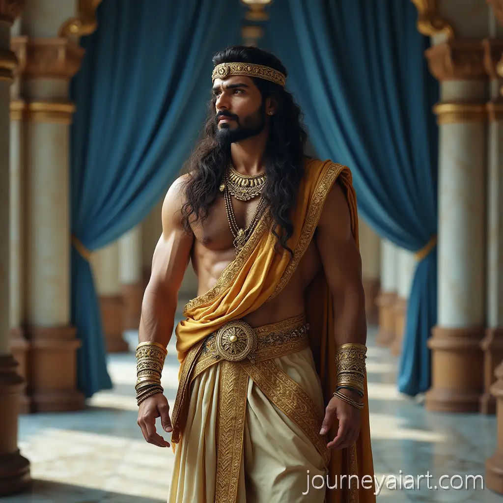 Allu-Arjun-as-Dharmaraj-Yudhishthir-in-a-MajAllu-Arjun-as-Yudhishthirestic-Royal-Palace-Portrait