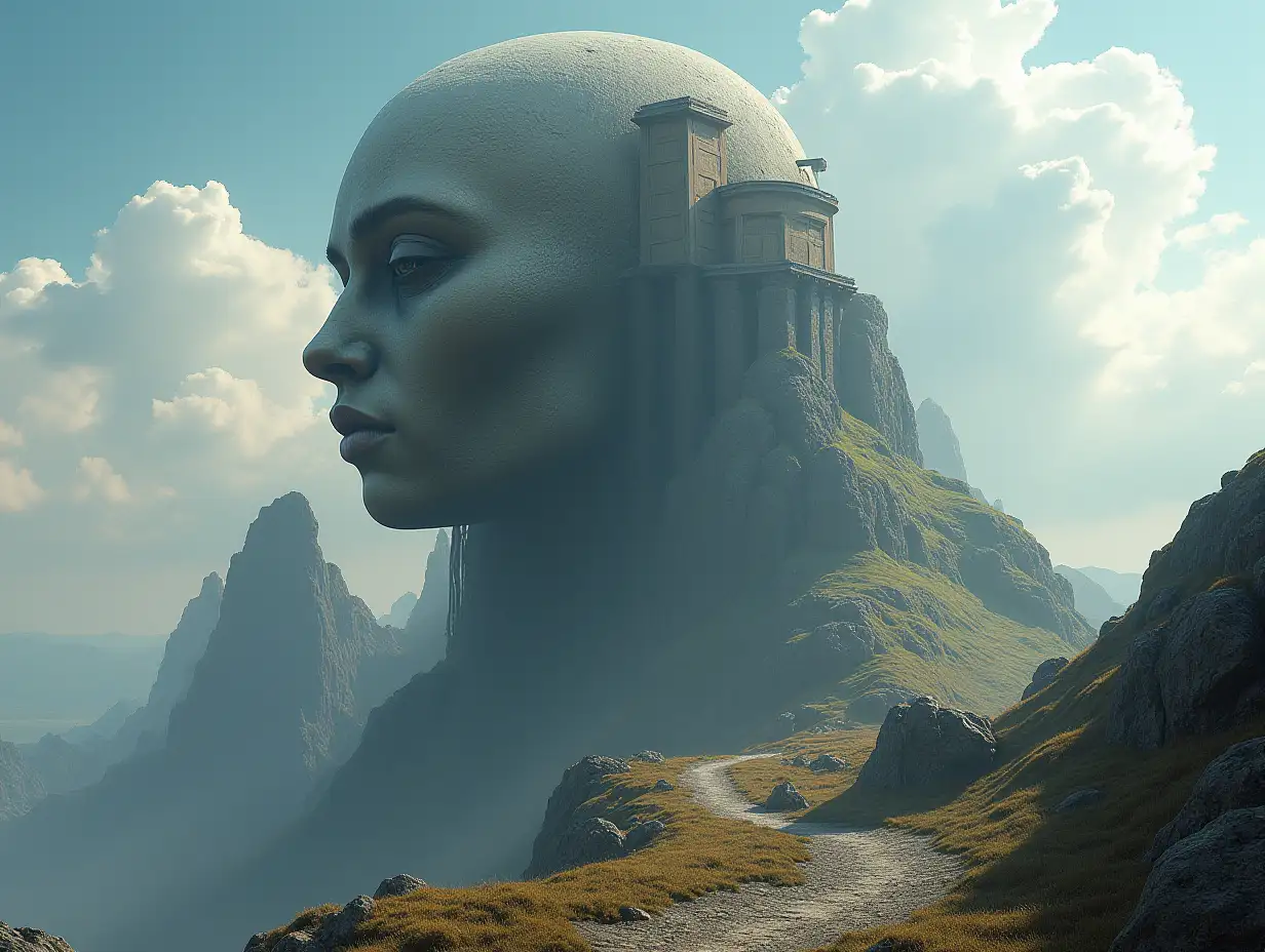 Create for me a photorealistic image of Paradise face transformed into a building on a high mountain on another planet with an alien