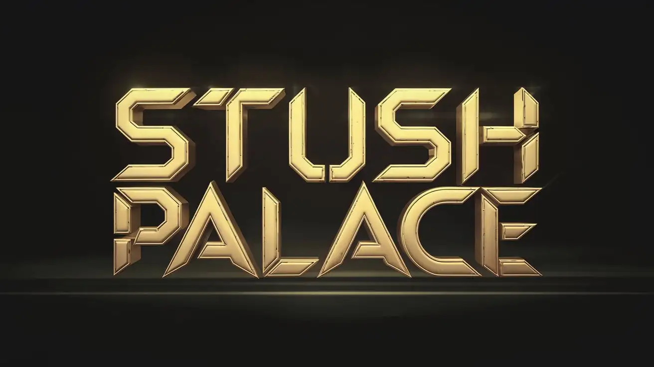 Stush Palace in Futuristic Gold Letters Against a Black Background