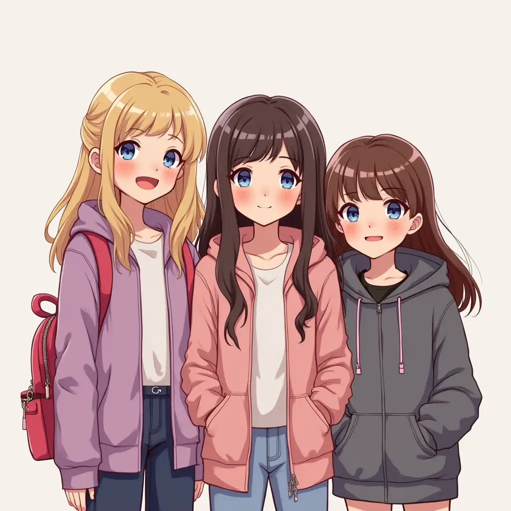 a blonde 10 year old girl who loves lilac and has blue eyes and long hair with a slightly shorter very dark brown haired 11 year old girl who loves pink who has blue eyes the 2nd girl has a small backpack on, and a 3rd girl who has blue eyes and long brown hair, her favorite color is pink and she is about as tall as the 1st girl and she is 10 too they are all white and happy