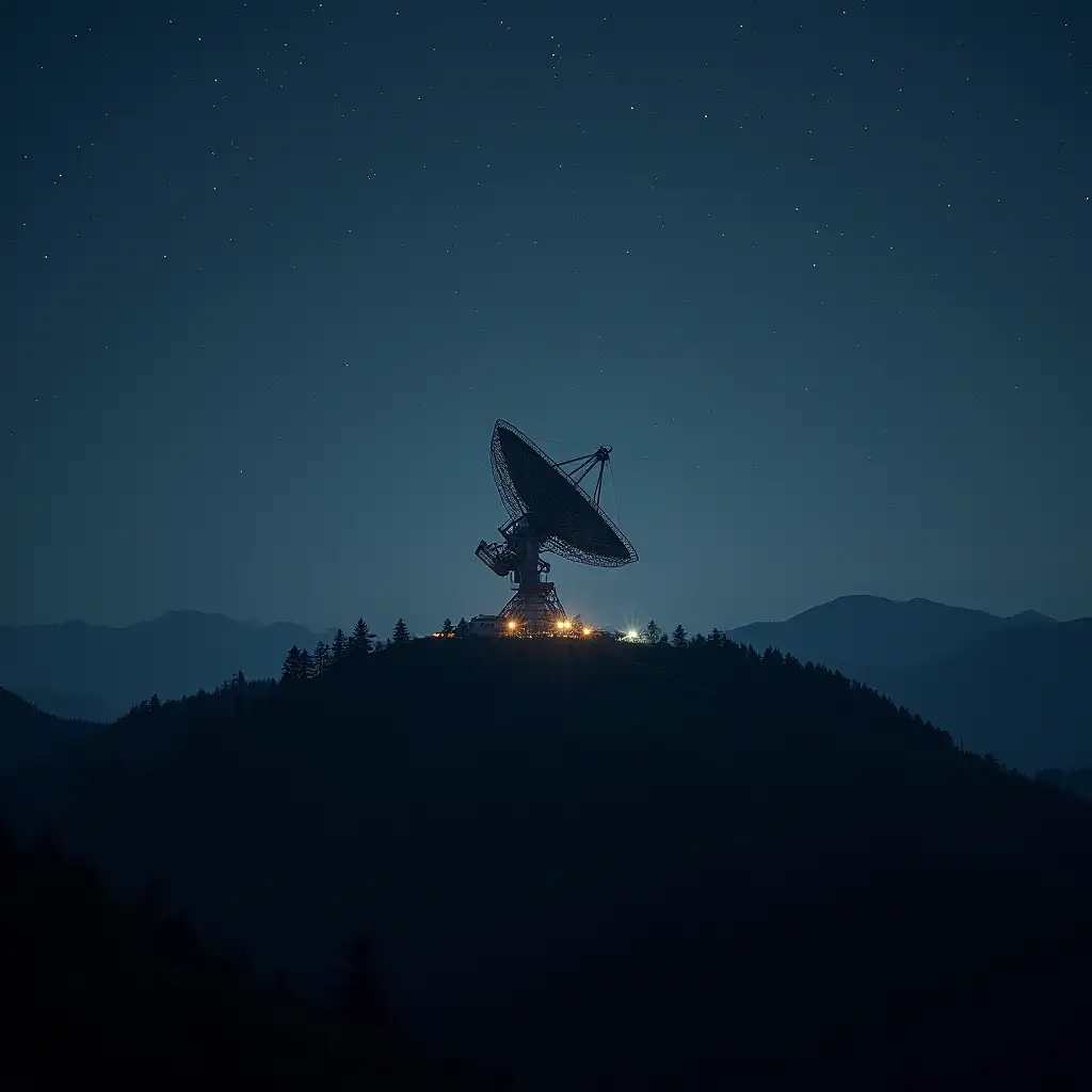 landscape with a redhill base hidden on a cliff top in a thick forest, emphasizing the secrecy and isolation of the base. The content of the picture shows a giant radio telescope in the center of the base, its antenna pointing to the night sky, seeking contact with extraterrestrial civilizations. The radio telescope occupies 40% of the picture, the lens type is wide angle, showing the magnificent scale of the radio telescope. The lighting comes from the twilight and the faint artificial light emitted when the radar is working, as well as the full starry sky, creating a mysterious and tense atmosphere. The time is evening to clearly show the starry sky. In the composition, the radio telescope is located in the center of the picture, on the top of the high cliff.