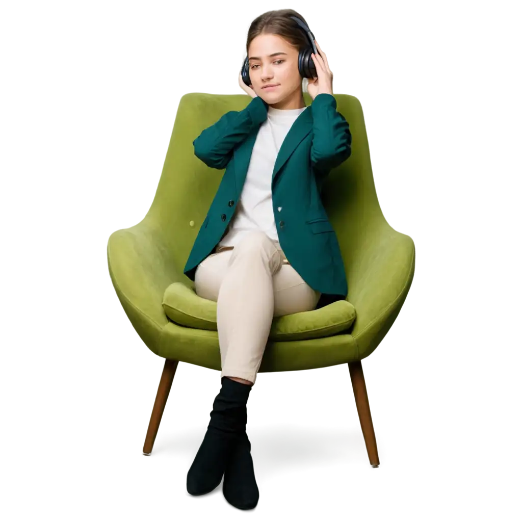 PNG-Image-of-a-Girl-Sitting-on-a-Green-Chair-Listening-to-Music-with-Wired-Headphones