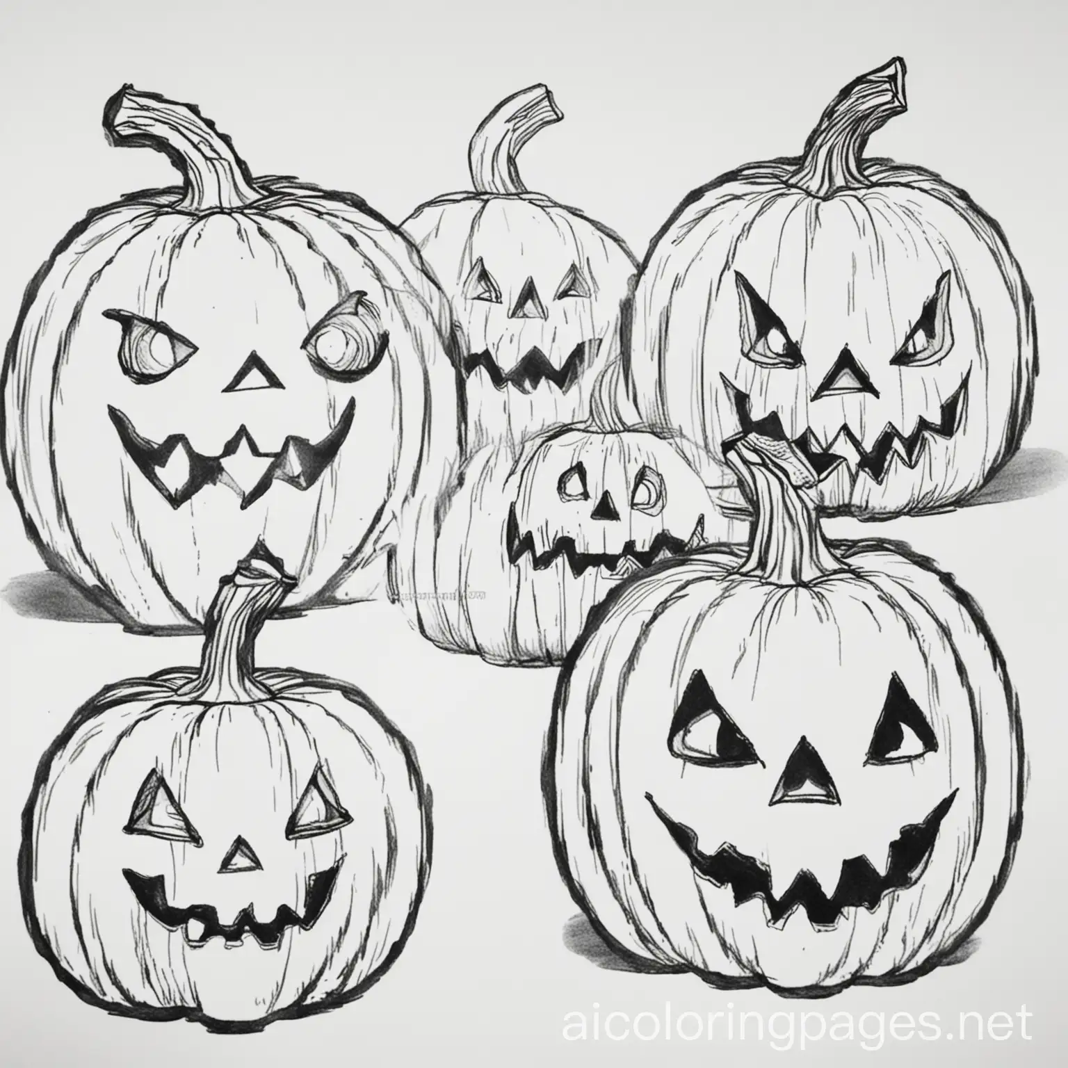 spooky pumpkins, Coloring Page, black and white, line art, white background, Simplicity, Ample White Space. The background of the coloring page is plain white to make it easy for young children to color within the lines. The outlines of all the subjects are easy to distinguish, making it simple for kids to color without too much difficulty