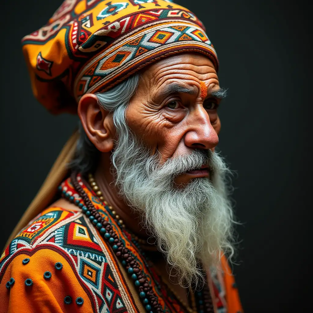 Realistic Elder Shaman Portrait Fusion of Secession Style and Tribal Art