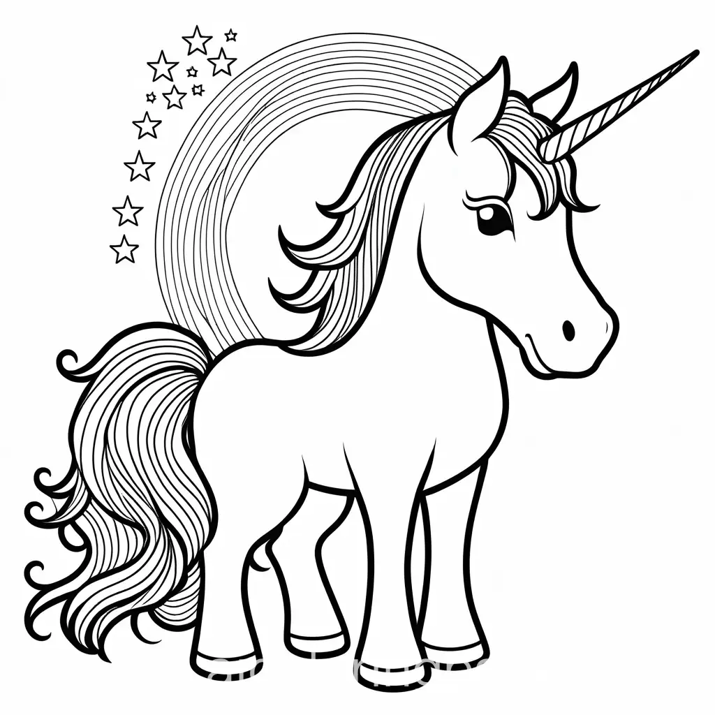 unicorn with rainbow, Coloring Page, black and white, line art, white background, Simplicity, Ample White Space. The background of the coloring page is plain white to make it easy for young children to color within the lines. The outlines of all the subjects are easy to distinguish, making it simple for kids to color without too much difficulty