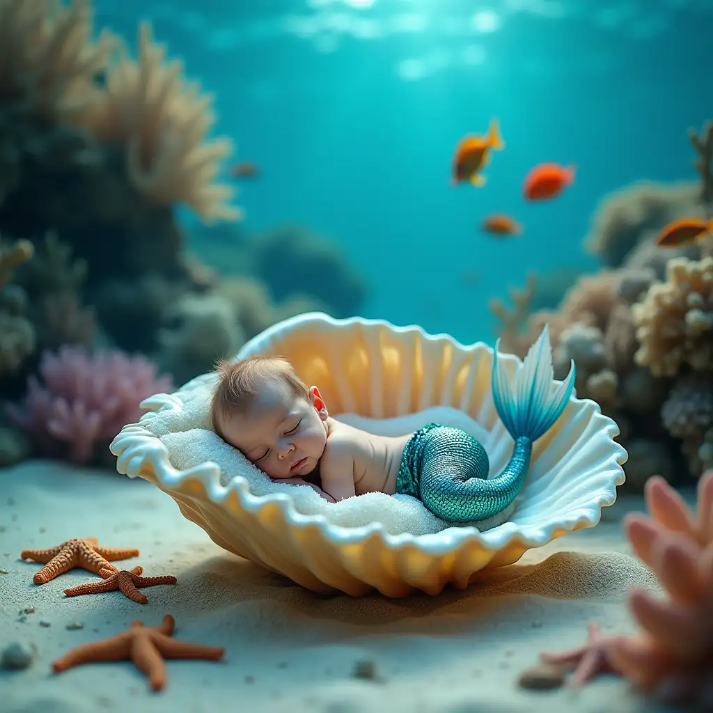 Undersea world. An adorable newborn baby mermaid with a small iridescent tail is snuggling in an intricate nacreshell. Some starfish are on the sand. A bright barrier reef and colorful exotic fish are in the background. Realistic, professional photograph, depth, microphotography, blur-free foreground, natural light, ultradetailed image, double exposure. layered composition. lots of intricate fine-lined elements, vibrant colors, aesthetic, style by Anne Geddes.