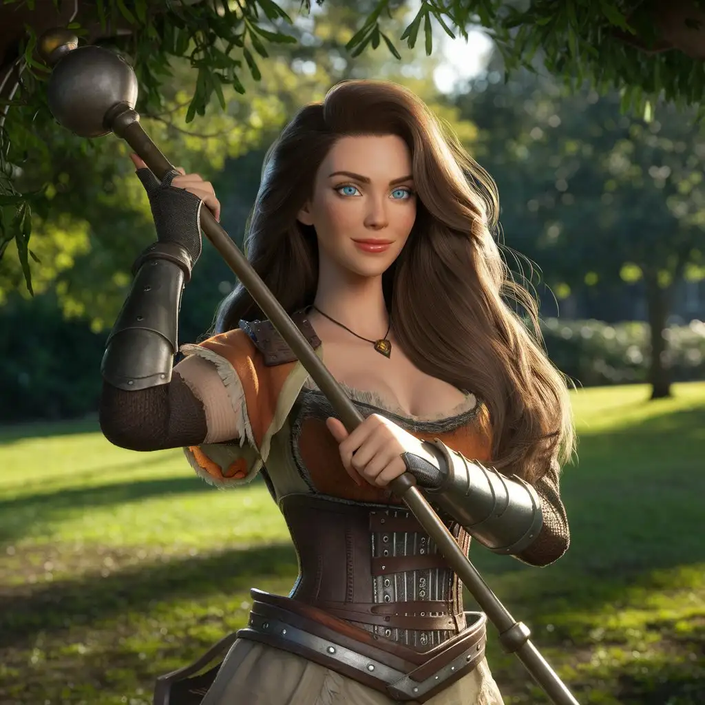 Cartoon-Brunette-Woman-Holding-Mace-in-Park-Setting