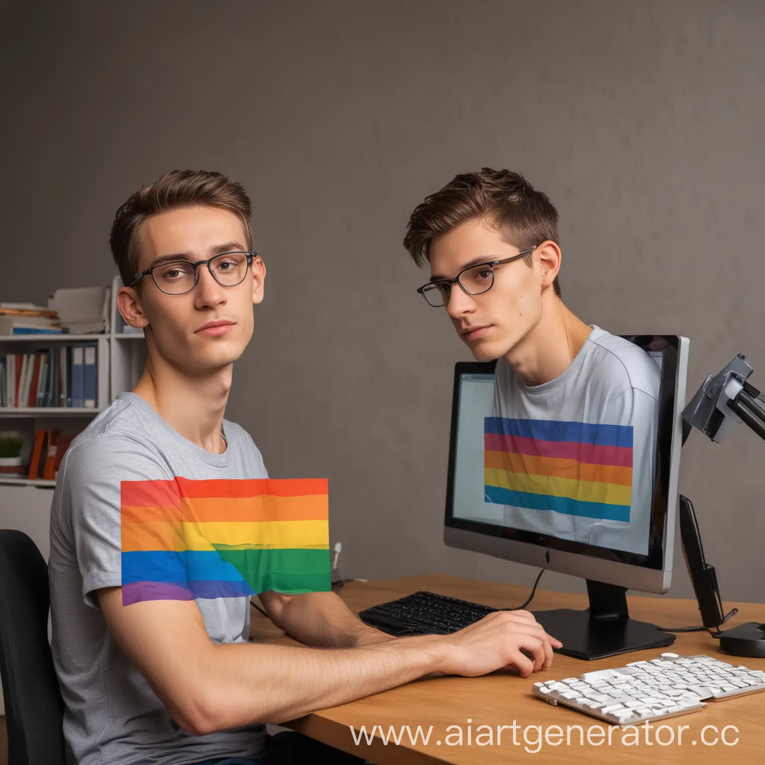 Young-Man-Working-at-Computer-with-LGBT-Flag-on-Screen