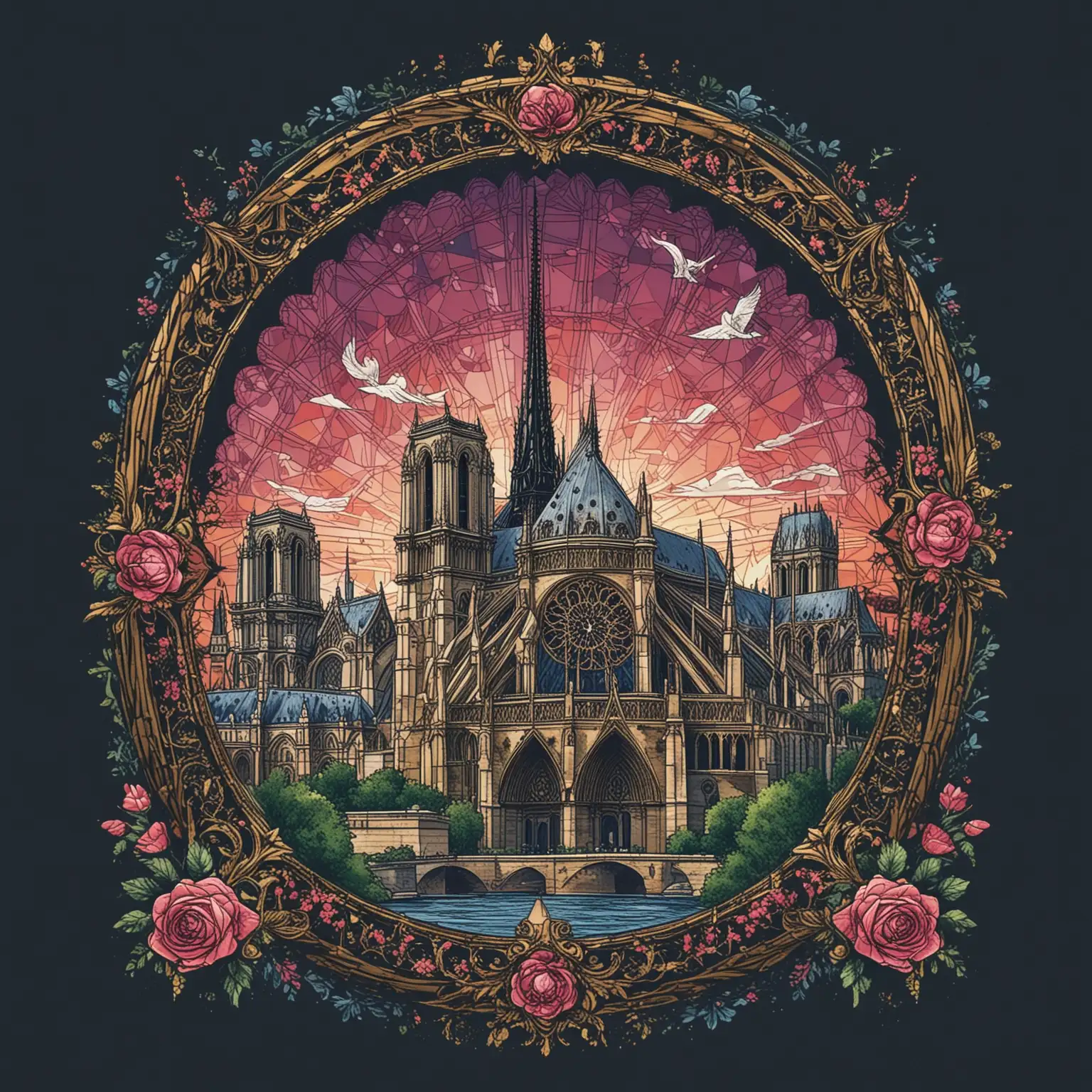 Modern-Graphic-Tshirt-Design-of-NotreDame-Cathedral-with-Parisian-Landmarks