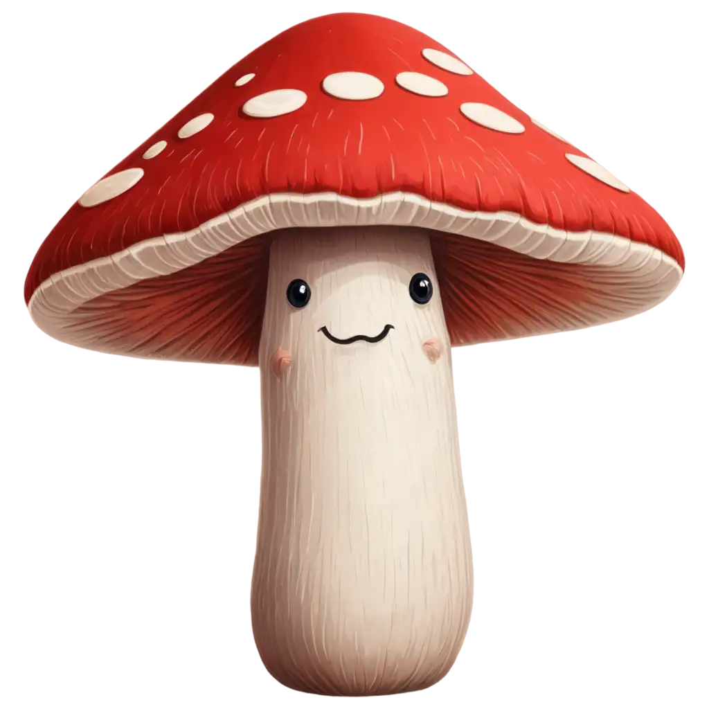 Caricature of a red and white mushroom with eyes nose and mouth in the top