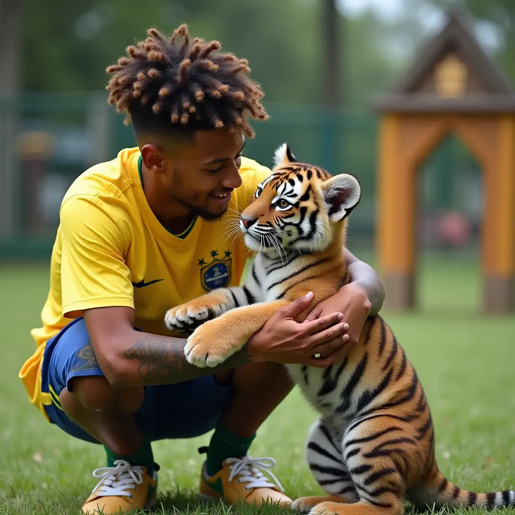 Brazil's Neymar caresses a tiger cub on the playground