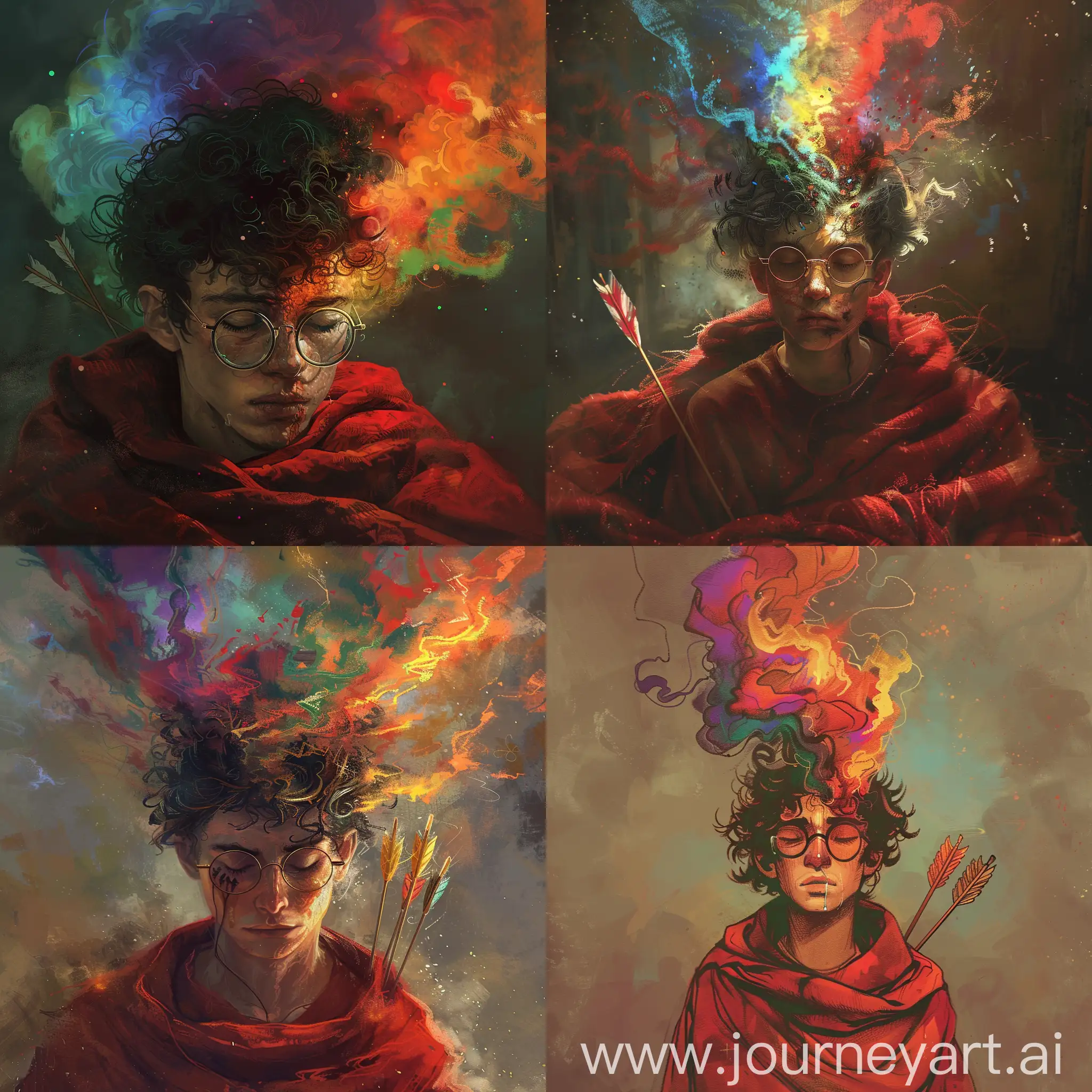 CurlyHaired-Boy-in-Glasses-with-Multicolored-Smoke-and-Arrow-in-Red-Blanket