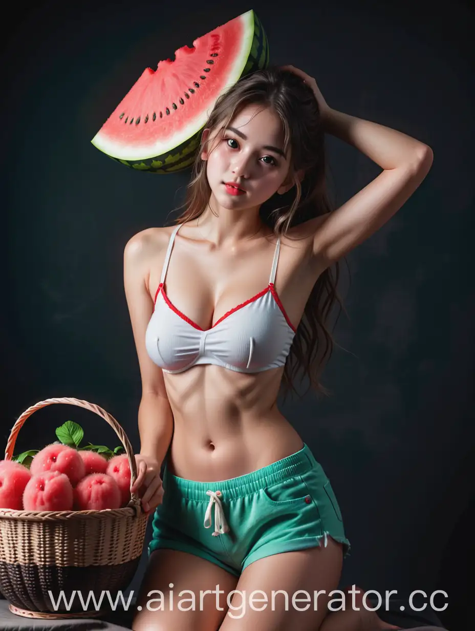 Girl-with-Watermelon-Basket-Disheveled-Hair-on-Dark-Background