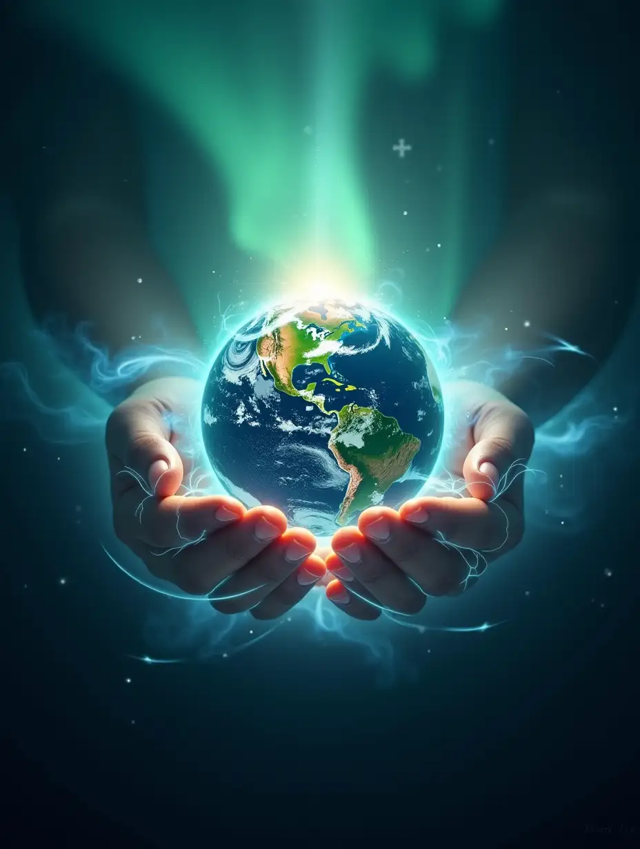 A mesmerizing surreal composition showcasing Earth cradled between two glowing hands, symbolizing humanity's power to protect the planet. The Earth is surrounded by radiant energy lines flowing outward, blending into patterns of wind, water, and solar power. The background is a cosmic gradient of deep blues and greens, illuminated by aurora-like waves, representing the balance of nature and technology. The atmosphere is ethereal, dreamlike, and empowering, conveying the theme of 'Our Power, Our Planet.'