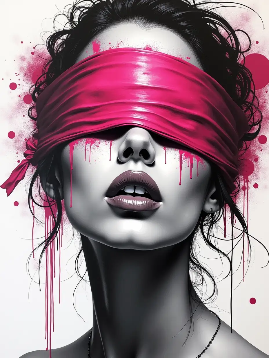 Black-and-White-Graffiti-Art-of-a-Woman-with-Pink-Blindfold-and-Colorful-Lips