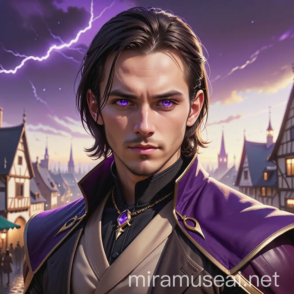 18th Century Fantasy Magician with Violet Eyes and Lightning Sky