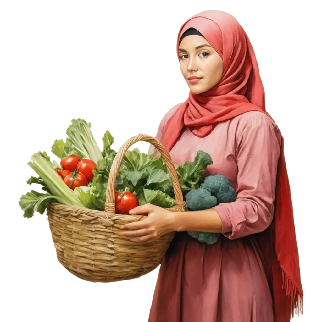 Create an oil painting of a woman wearing a light pink dress and a red hijab. She should be holding a basket filled with a variety of fresh vegetables, such as tomatoes, broccoli, cucumbers, and bell peppers. The woman should have a calm and gentle expression, with a neutral grey background to keep the focus on her and the basket. Ensure the colors are vibrant, especially the reds and greens of the vegetables, to create a fresh and healthy appearance. Use rich, textured brushstrokes to capture the depth and detail typical of an oil painting