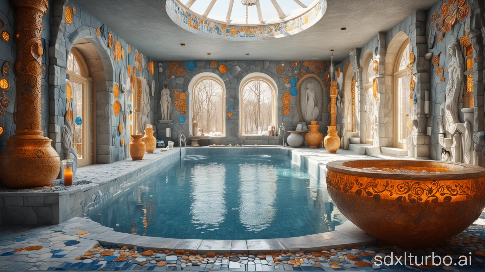 a vast luxury nordic spa in fantasy style, with carved adorned stone sculptures, many colorful magical signs on walls, amber cups, white and blue mosaic pool, sunny atmosphere, highly detailed