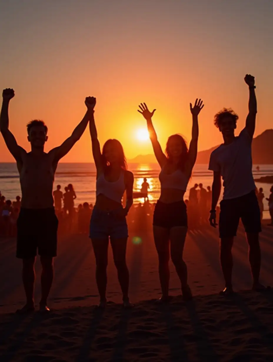 young people celebrating at sunset a party at the beach