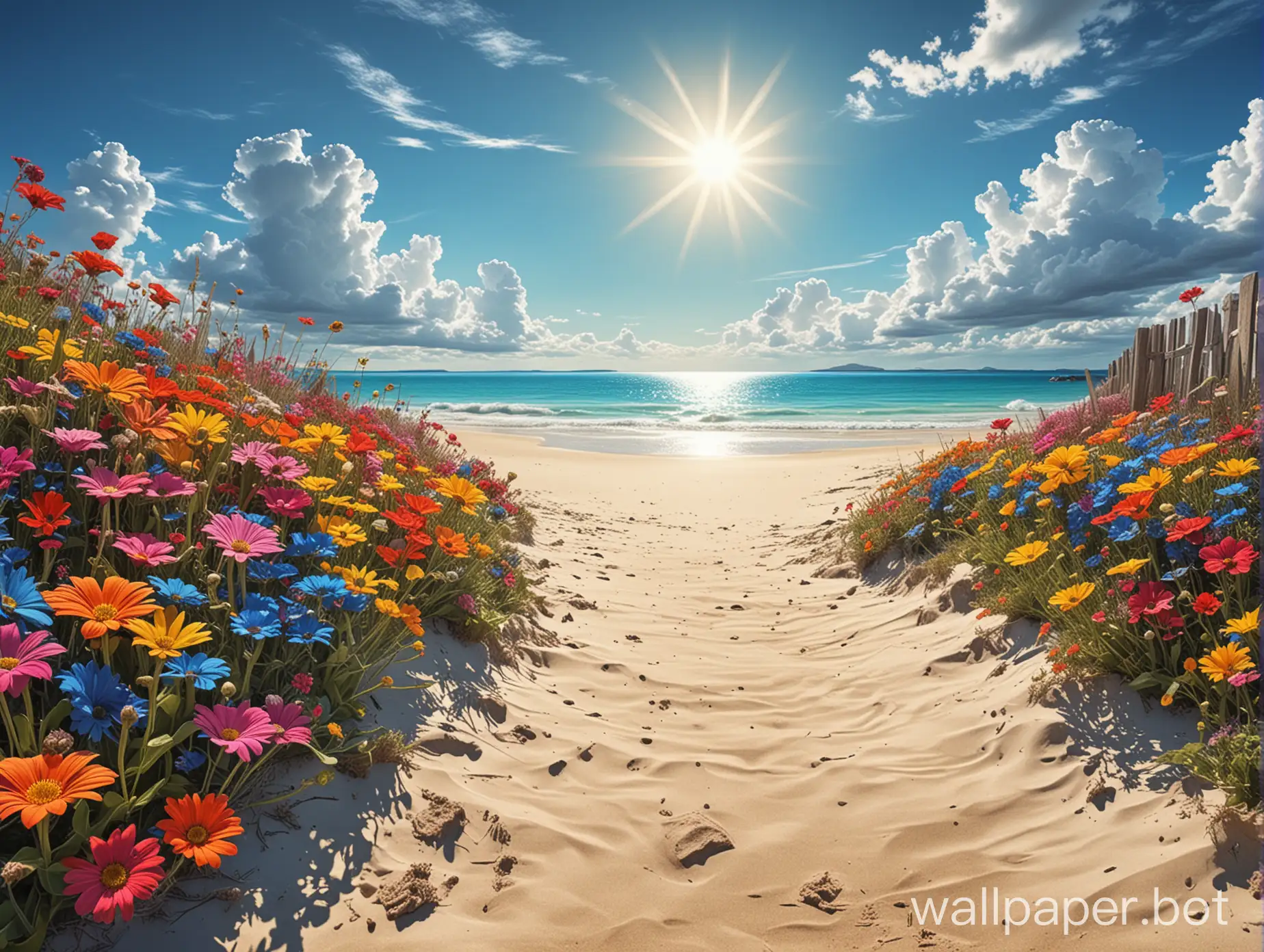 Surreal-Sunny-Beach-with-Colorful-Flowers-and-Bright-Blue-Sky-in-Comic-Style