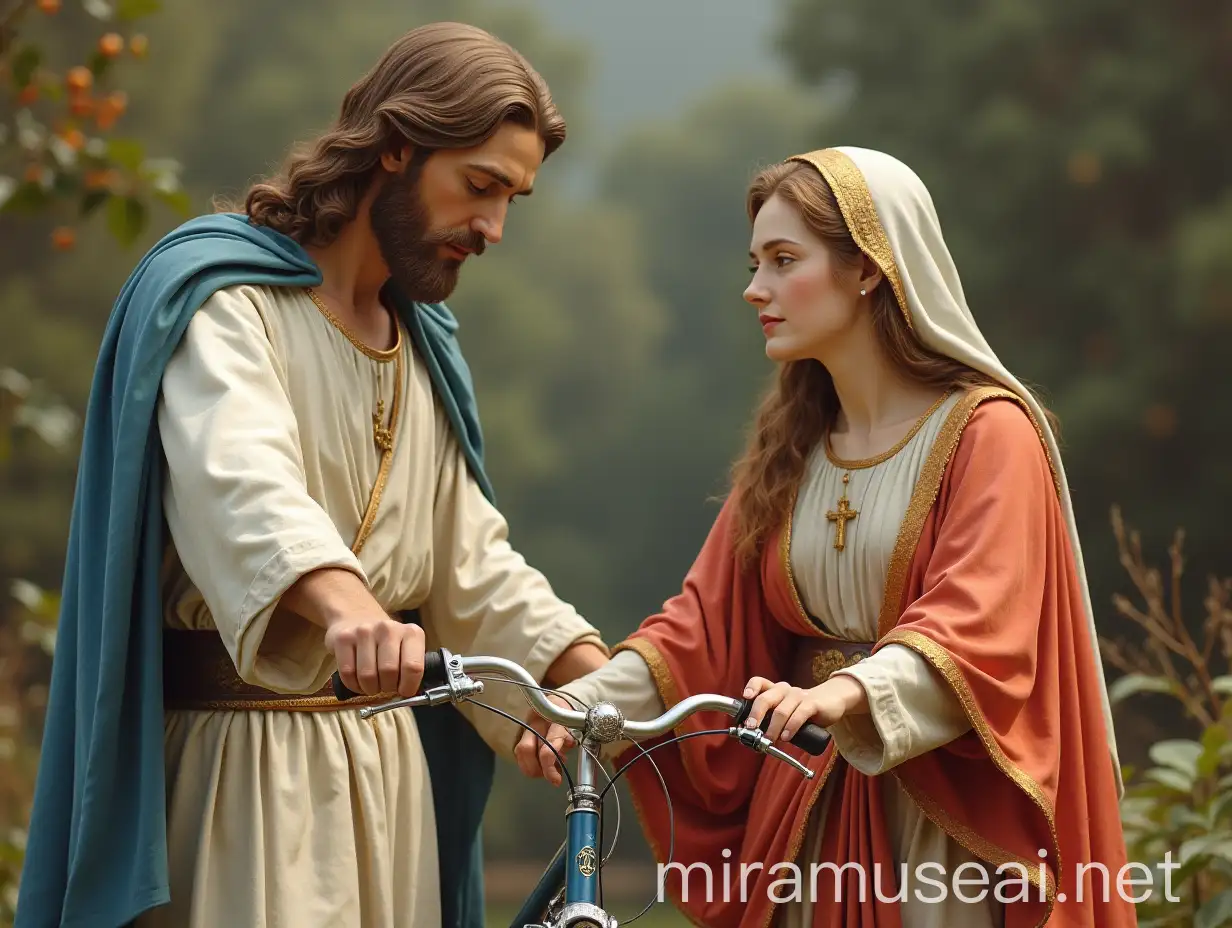 Jesus and Mary Riding a Bicycle Through a Serene Landscape