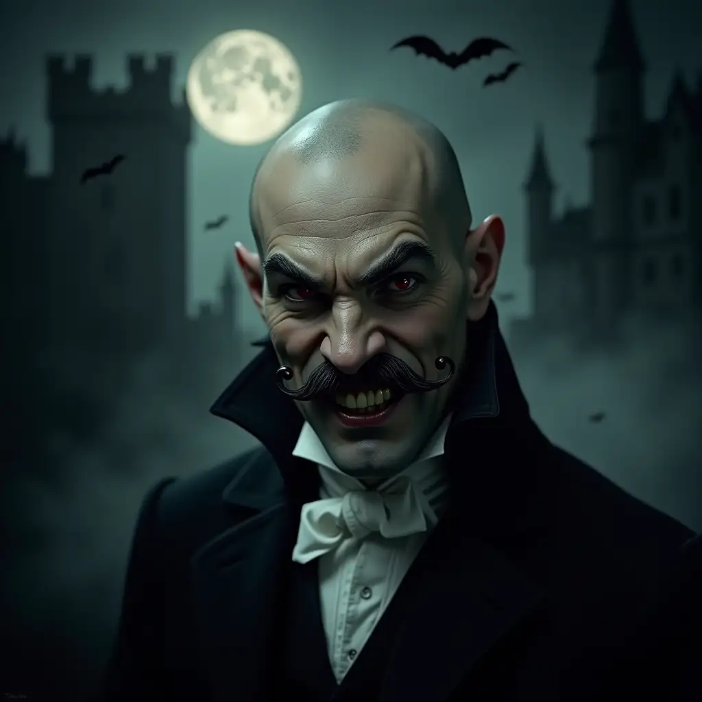 A sinister bald vampire with a thick, curled moustache, wearing a classic Victorian-era suit with a high collar. His pale skin glows faintly under moonlight, and his sharp fangs are slightly visible. He has piercing red eyes and a menacing smirk. The background is a dark, gothic castle with fog and bats flying in the distance. Dramatic lighting, highly detailed, realistic style.