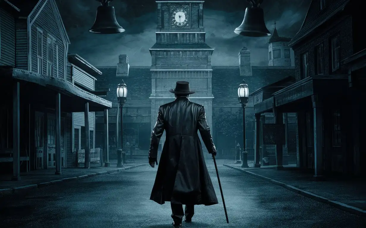 Sinister Night Scene Clock Tower and Mysterious Figure in Small Town