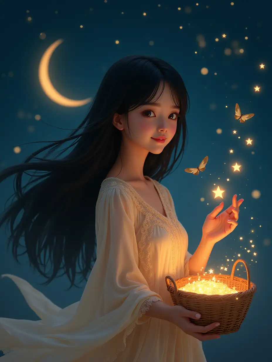 A picturesque image, realistically, a masterpiece of digital painting, against the background of a starry sky and a crescent moon, a beautiful black-haired bimbo virgo is depicted, a young woman in a tunic of transparent silk, her long shiny hair is blowing in the wind, she looks attentively into the frame and smiles, the beauty takes out stars from a basket and throws them into the sky, a lot of sparks and sequins, glowing lights, moths and fireflies, magic, mystery, fantasy, soft light.