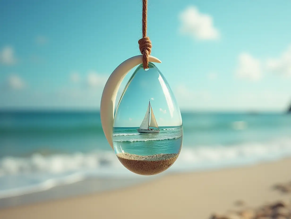 Create for me a glass egg pendant that hangs from a crescent moon in the sky with a beach with waves and a sailboat inside