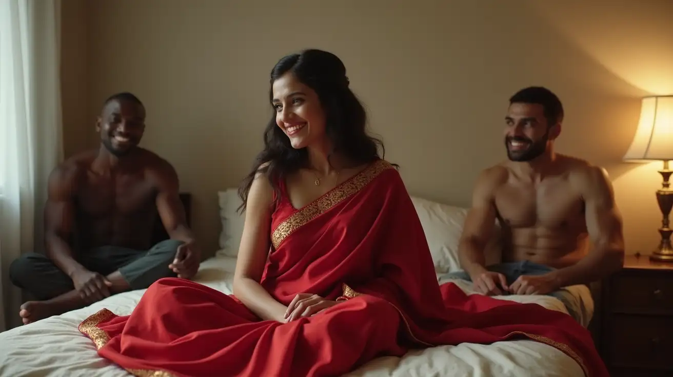 Indian-Wife-in-Red-Saree-with-Husband-and-Black-Muscular-Man-in-Bedroom