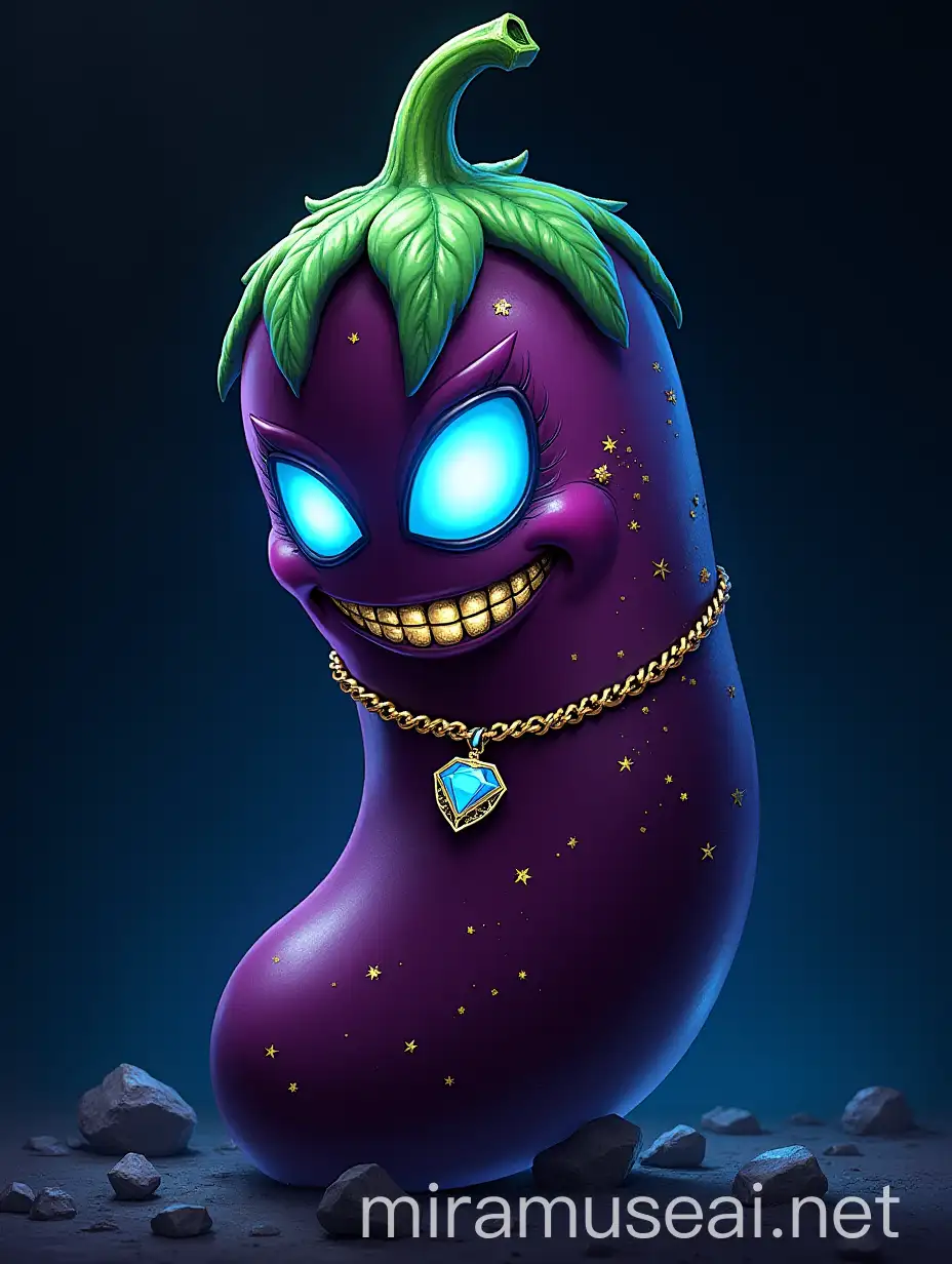 StarBorn Eggplant with Glowing Blue Eyes and Gun Tattoos