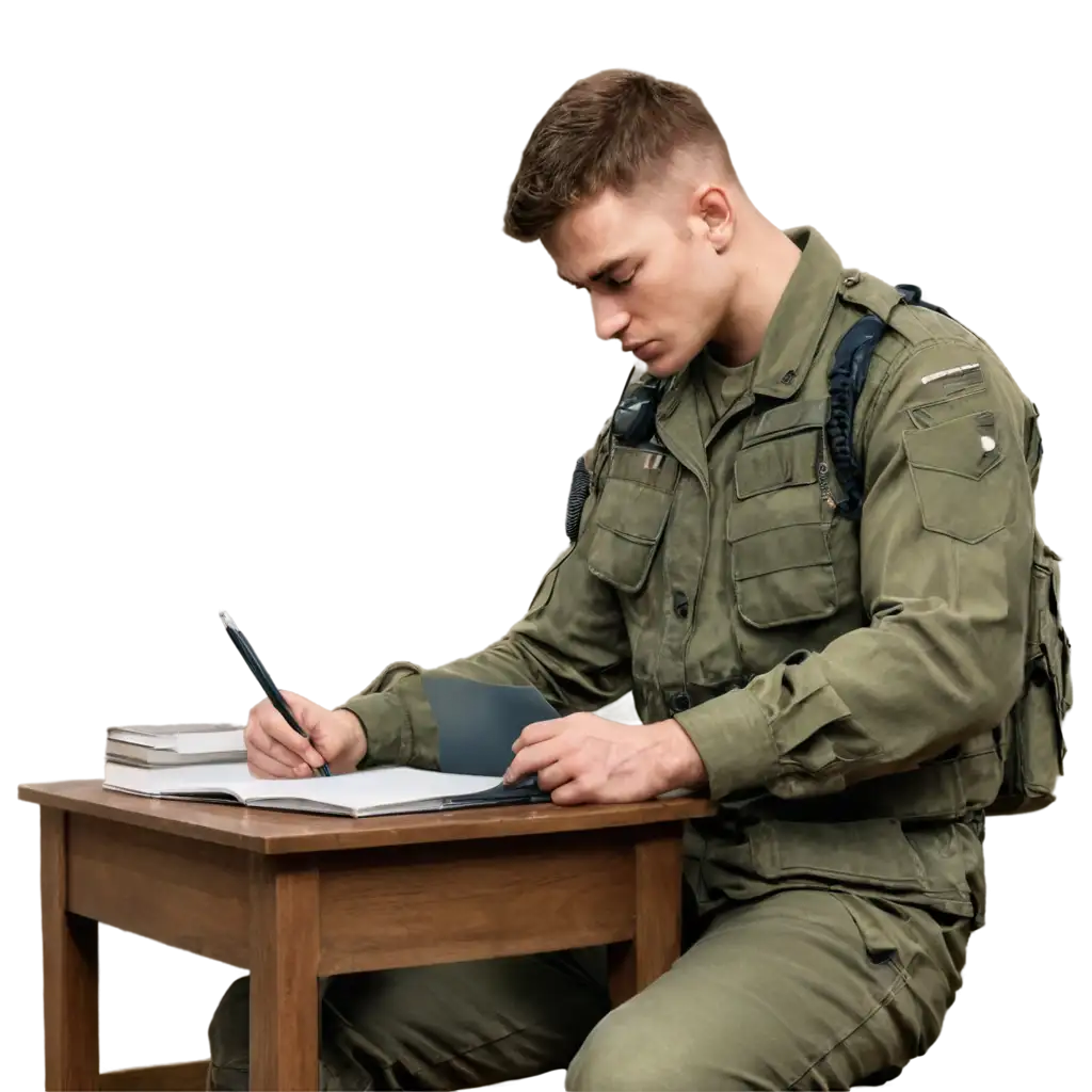 strong muscular soldier dressed in army studying sitting at a table