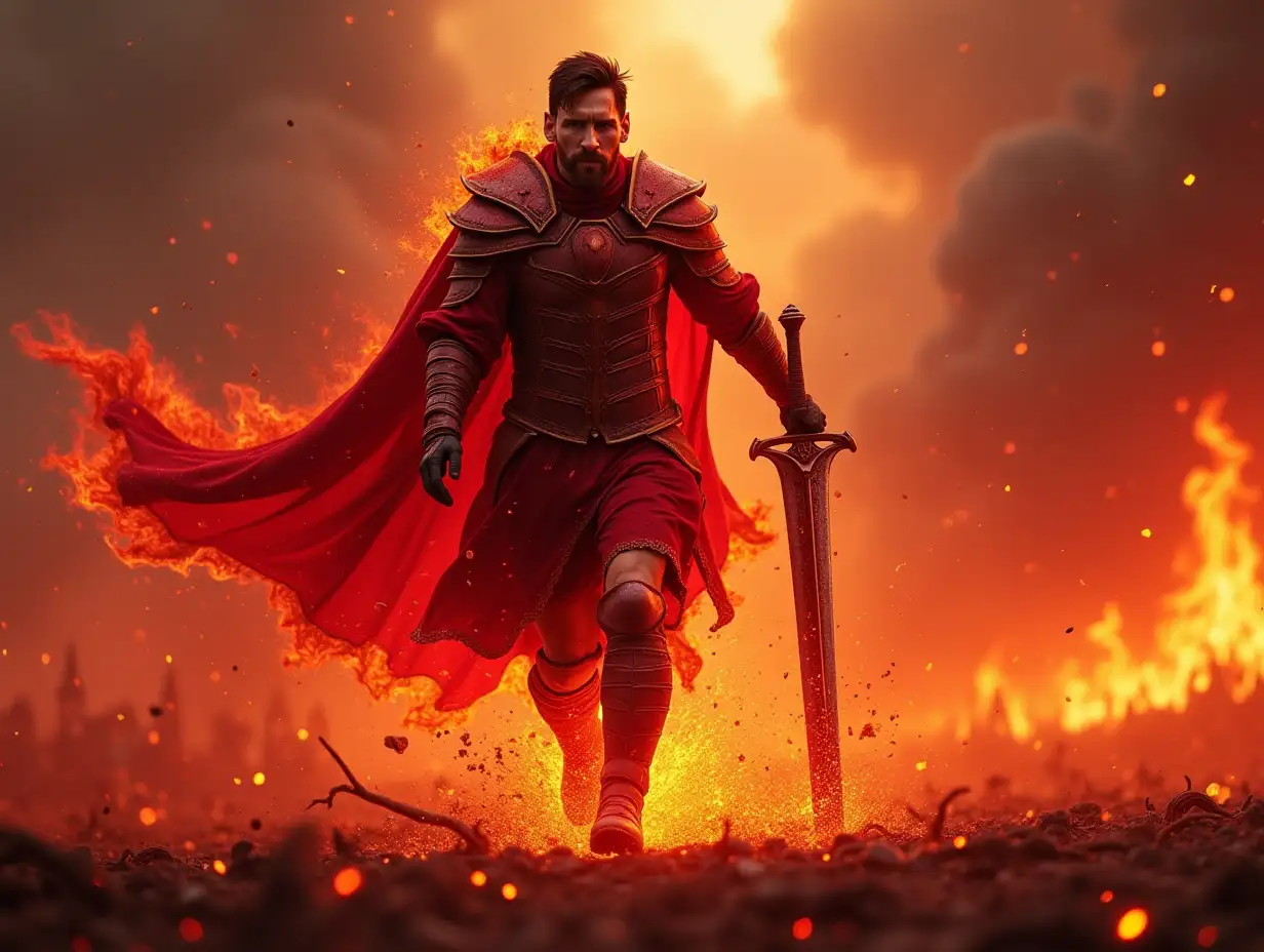 Lionel Messi as a fiery warlord, in glowing red armor, wielding a massive bloodstained broadsword, charging into a battlefield surrounded by chaos