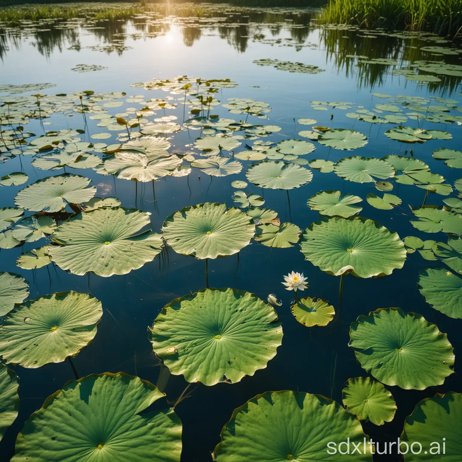 Lotus pond photography, shooting from above, lily pads floating on the water surface, bright blue sky with high saturation, fresh green light of nature, vitality 32k, wide-angle lens, water reflection, macro details, soft side light