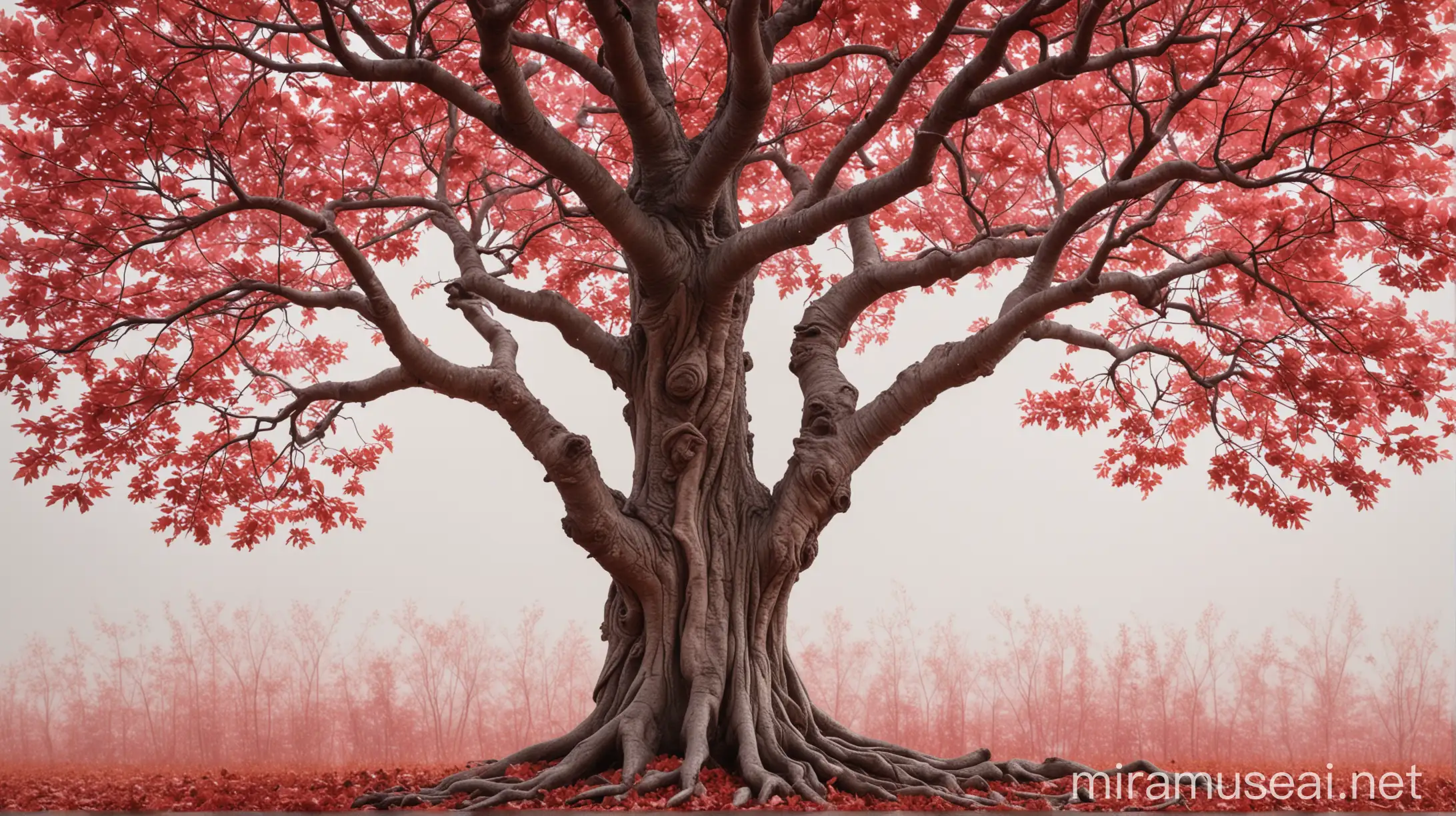 Detailed Tree with Red and Pink Gradient Leaves on White Background