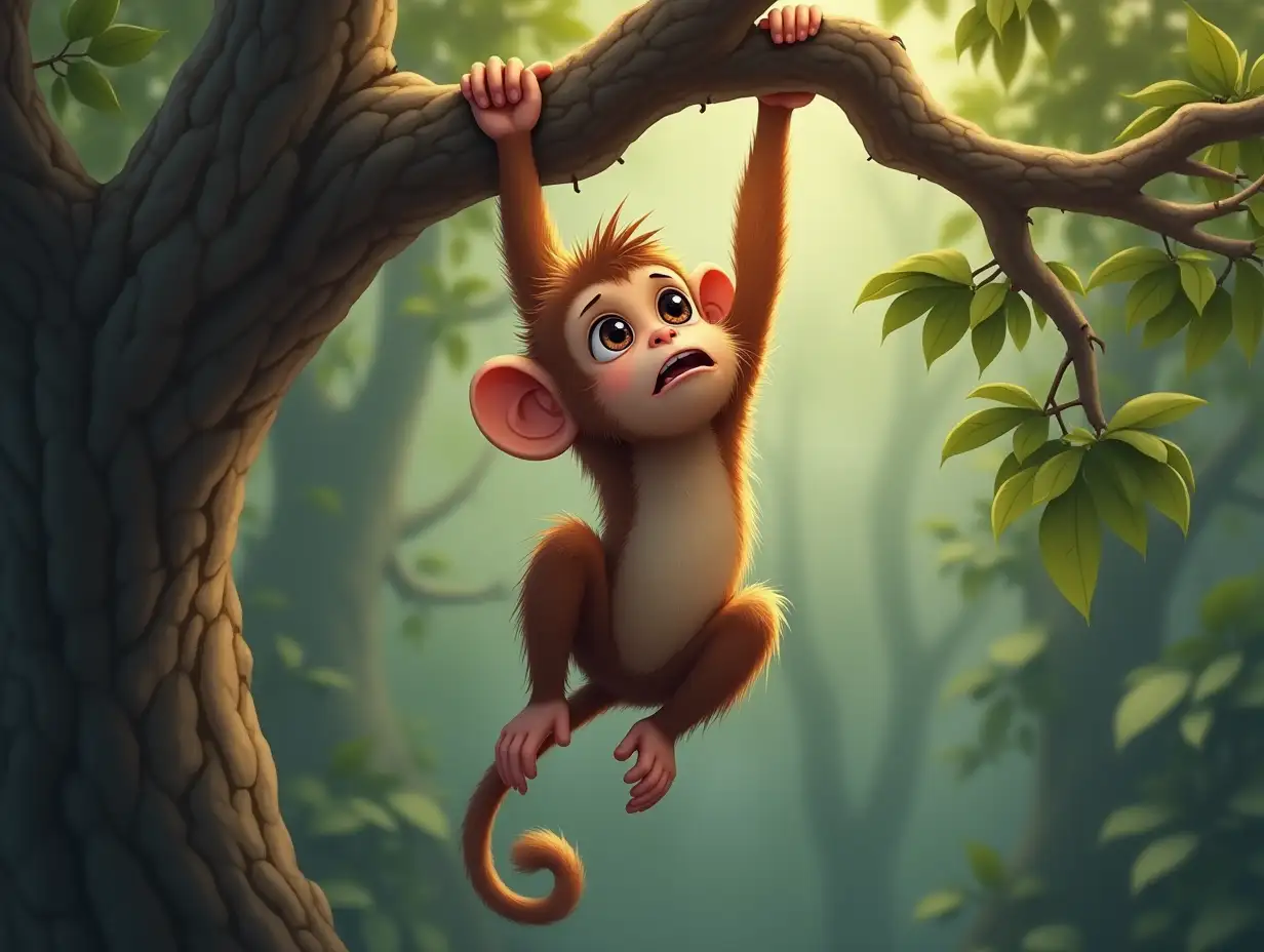 Small-Monkey-Hanging-from-Tree-Branch-with-Worried-Expression