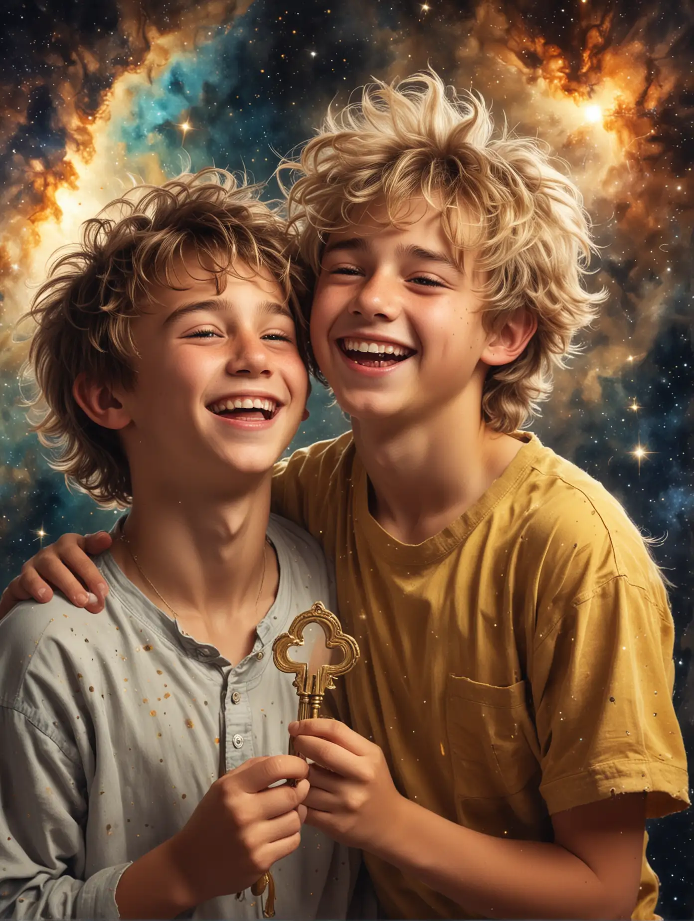 two beautiful boys 15 years old with messy hair laugh, standing face to face, blond and brunette, with bright eyes, one standing, holding a golden key in his hand, ready in front of the chest of the other boy, who has a golden keyhole in his chest, , background nebula