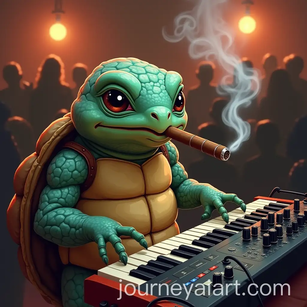 Vintage-Style-Squirtle-Playing-Synthesizer-in-a-Crowded-Room