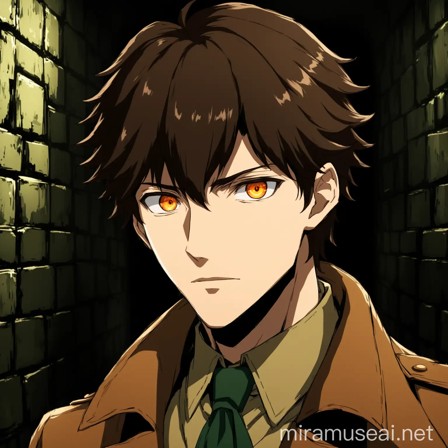 Handsome Male Anime Detective in Dark Green Underground Room