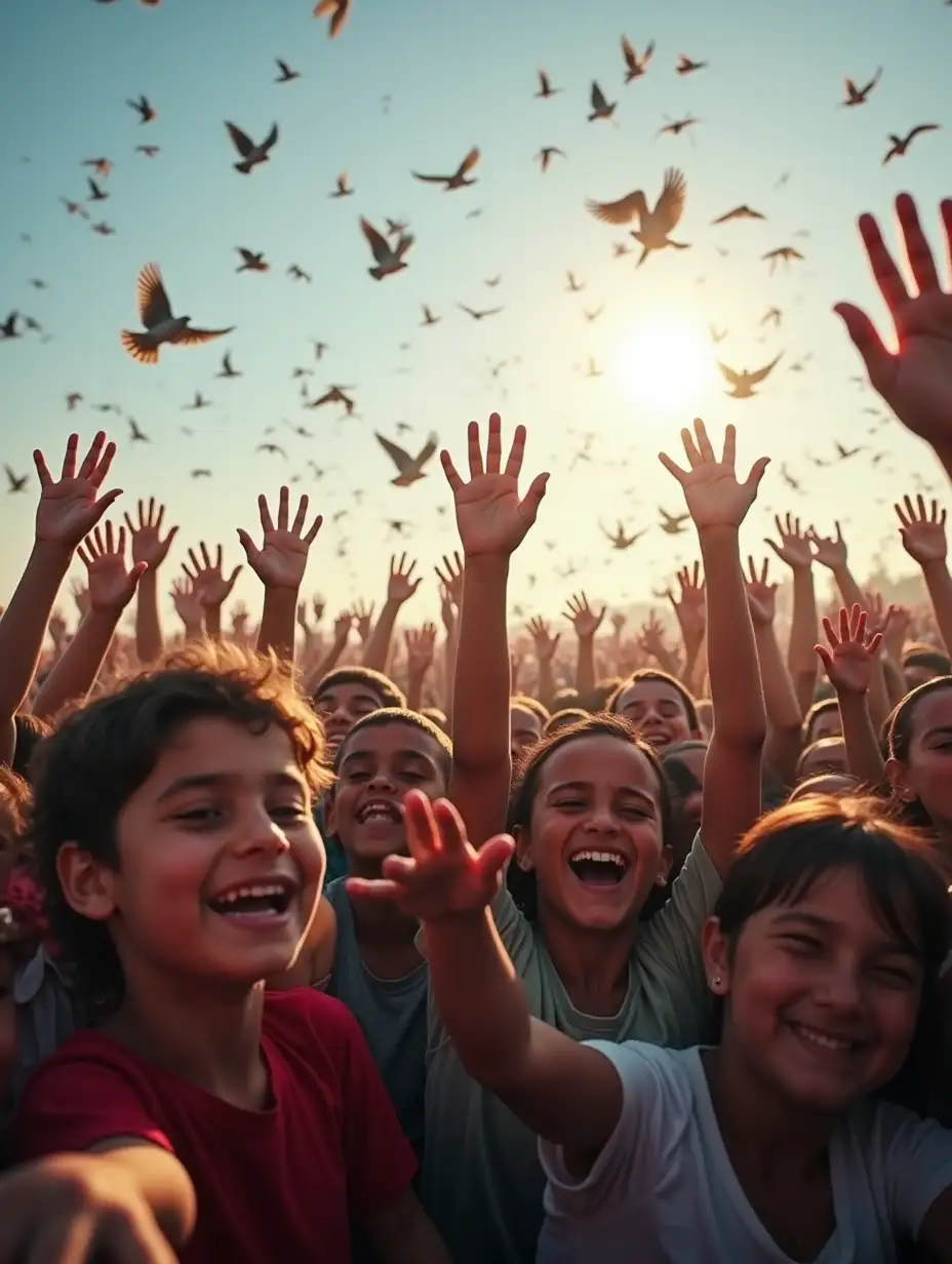 freed prisoners of the Gaza war, happy and tearful crowd that the war has ended, happy children, heavenly warriors, sky full of birds in joy