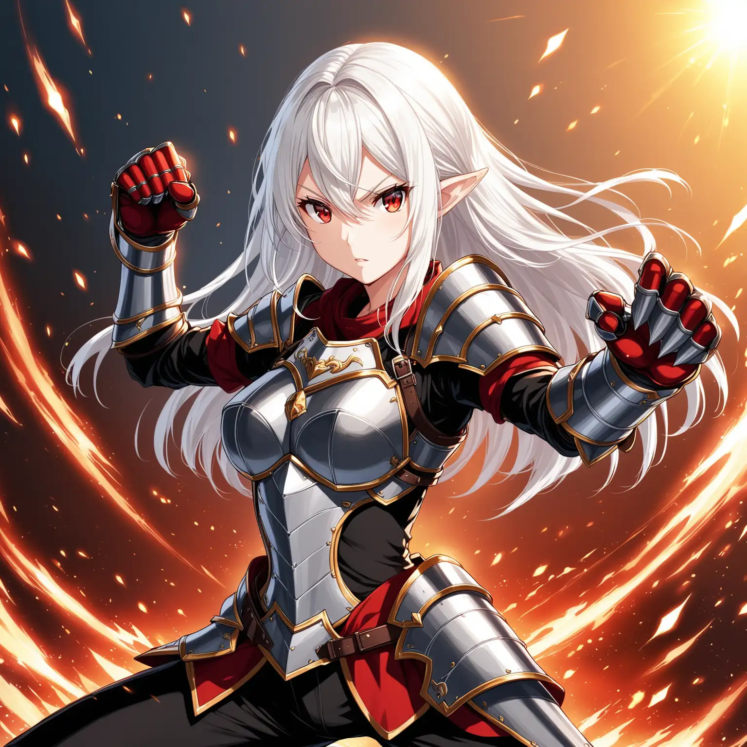 Fantasy Anime Girl in Adventurers Armor with Red Eyes and Fighting Pose