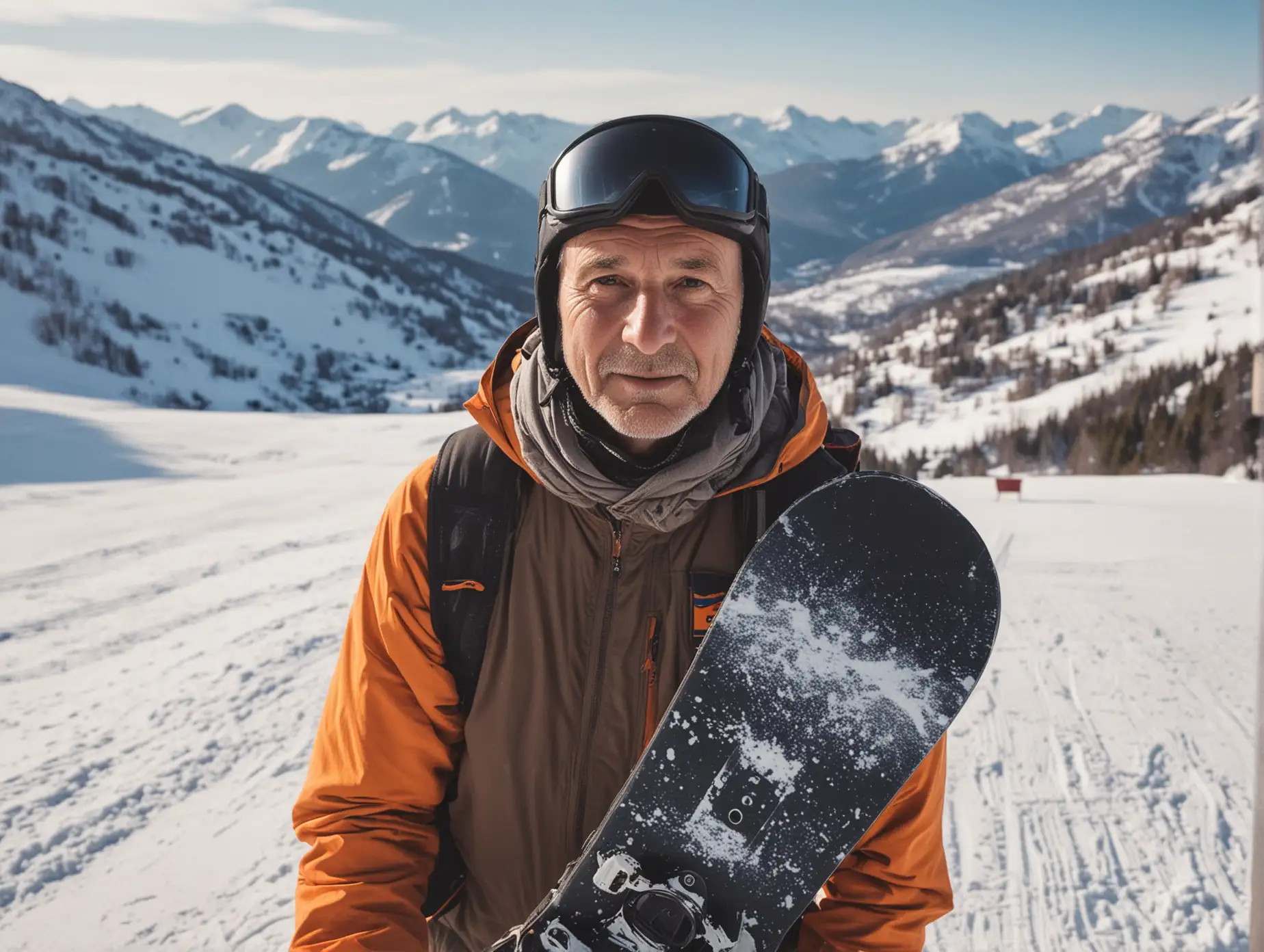 Grandfather-Athlete-Snowboarding-in-the-Winter-Mountains