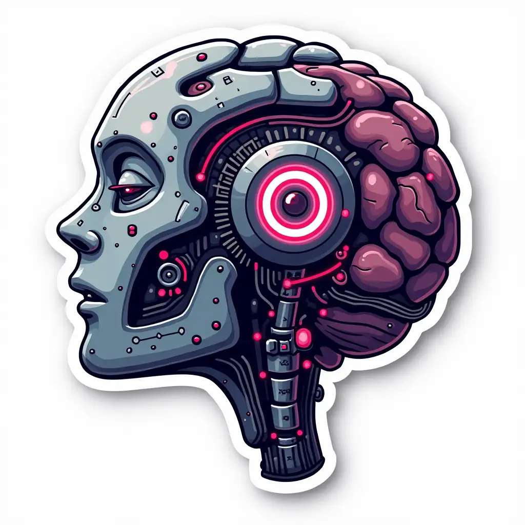 A sticker design of a futuristic robotic brain with glowing circuits, vibrant colors, sleek metallic finish, intricate details, and a modern, minimalist aesthetic sticker cartoon style