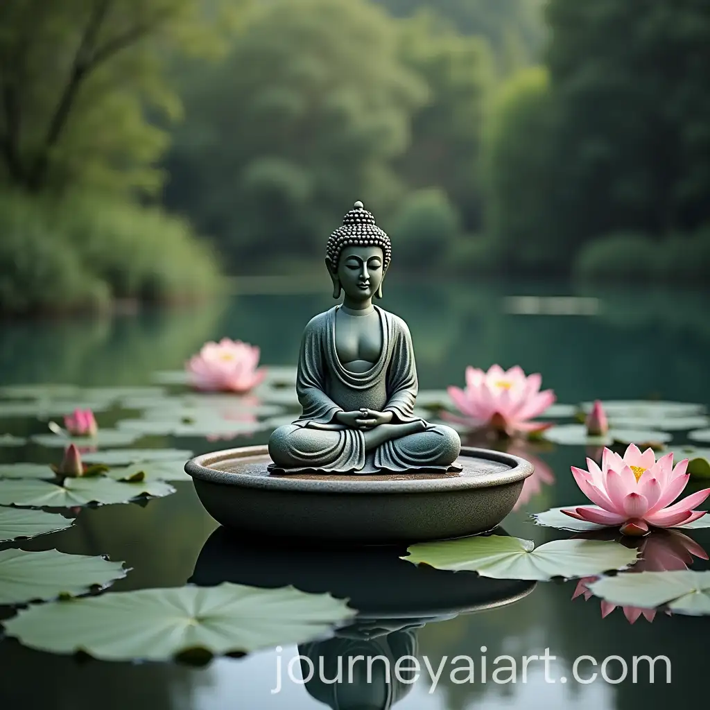 Serene-Buddha-Statue-Fountain-Surrounded-by-Tranquil-Lotus-in-Peaceful-Garden-Setting