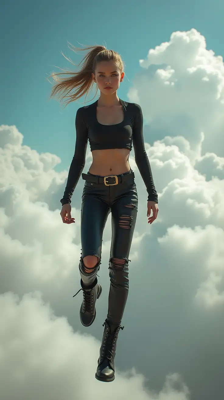 14 years old brakedance girl, slender, ripped leather pants, short crop top, very thin, combat boots, ponytail, flying dynamically through clouds