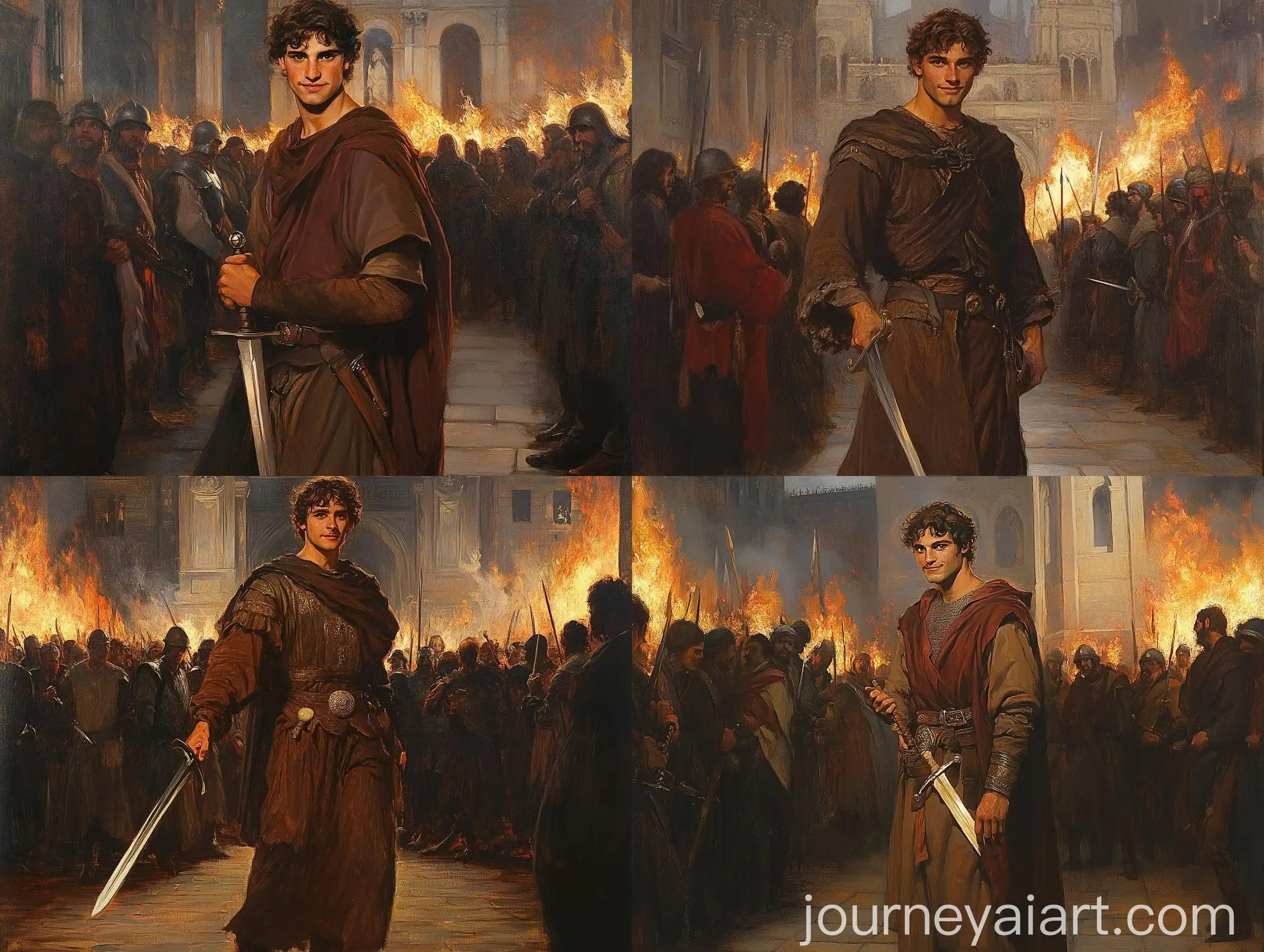 Young-Spanish-Warrior-Observing-Temple-at-Dusk-Amidst-Flames