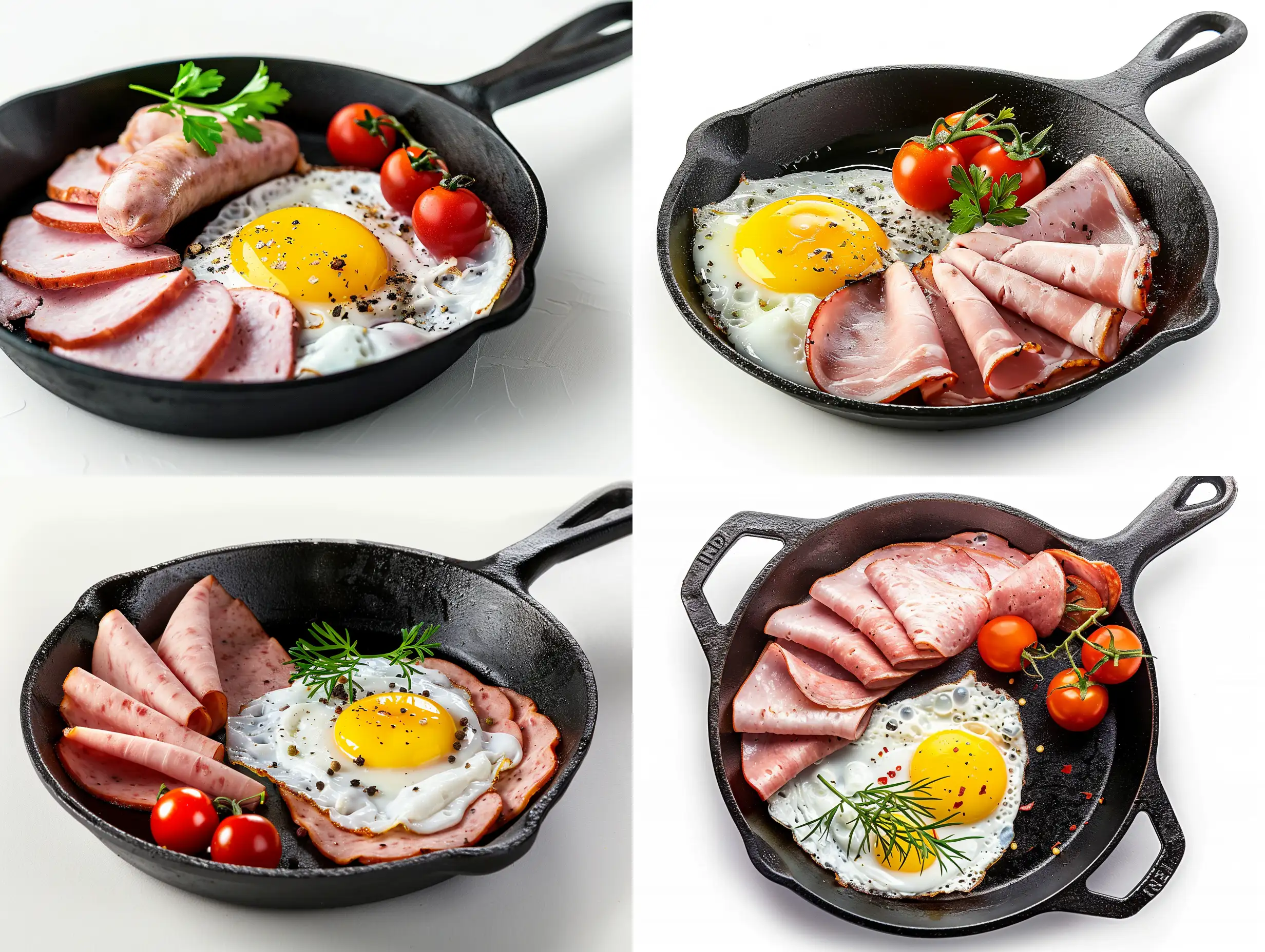 Studio-Shot-of-Sliced-Sausage-Fried-Egg-and-Cherry-Tomatoes-on-Iron-Skillet