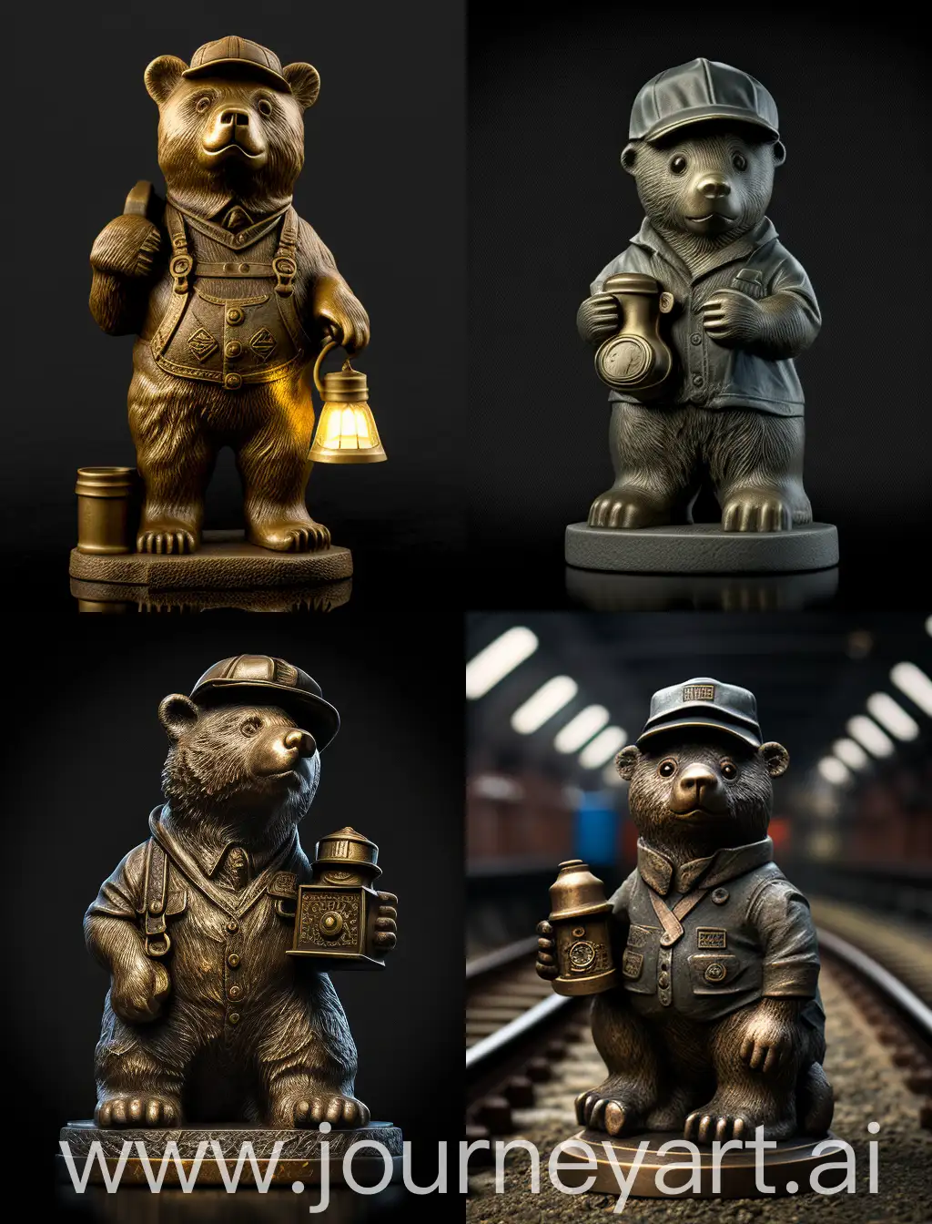 Bronze-Statue-of-Railway-Trackman-Bear-with-Cap-and-Old-Railway-Flashlight