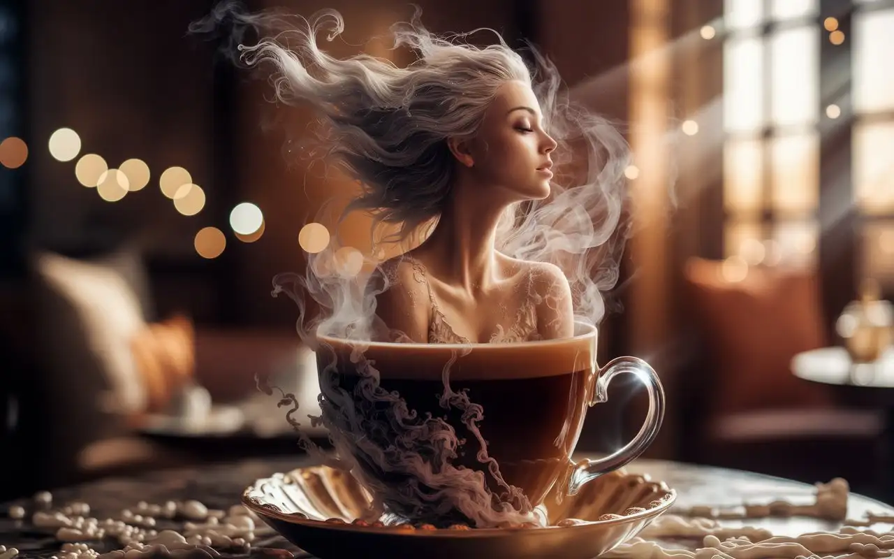 Woman-Emerging-from-Steaming-Coffee-in-Cozy-Caf-Setting